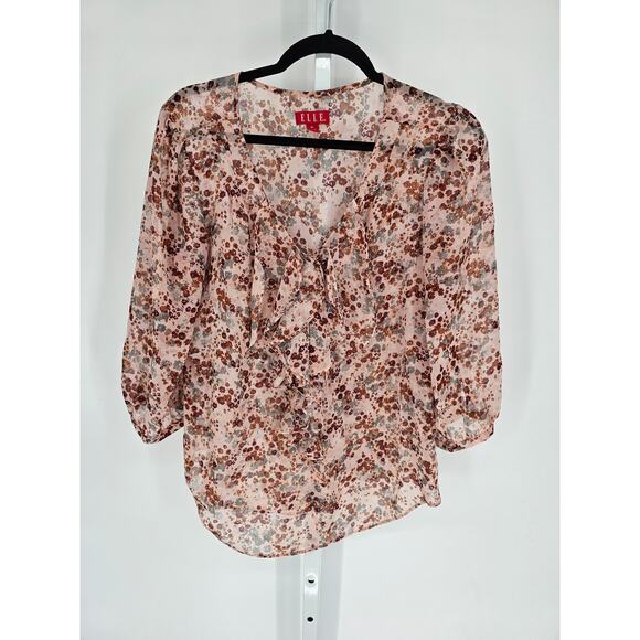 Elle Women's Multicolor Long Sleeve V-neck Ruffle Rounded Hem Top Size M - Picture 1 of 4